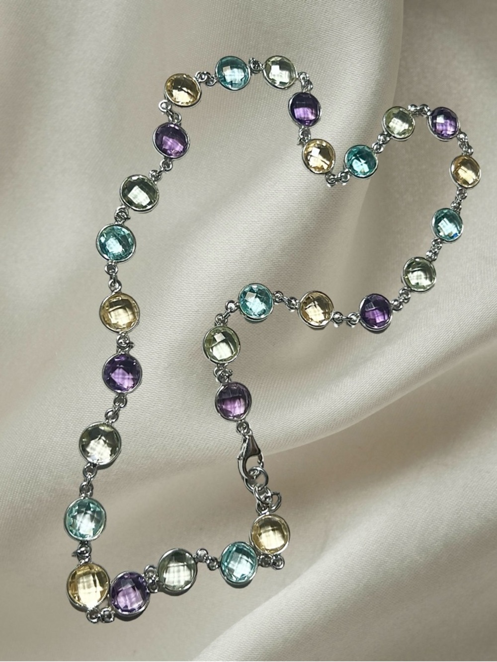 Sterling Silver 18” Bezel Set Checkerboard Cut Multi-Gemstone Necklace